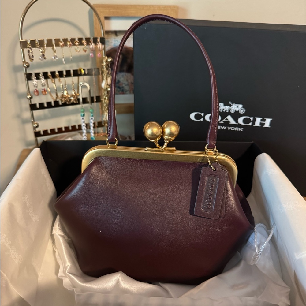 Coach Kisslock Frame Bag 16 in Brass/Black Currant Glovetanned Leather NWT